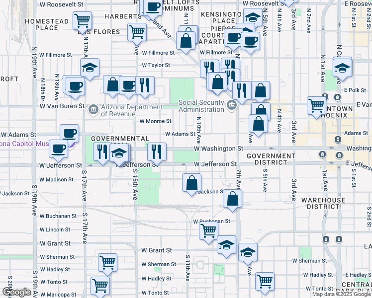 map of restaurants, bars, coffee shops, grocery stores, and more near 1101 West Washington Street in Phoenix