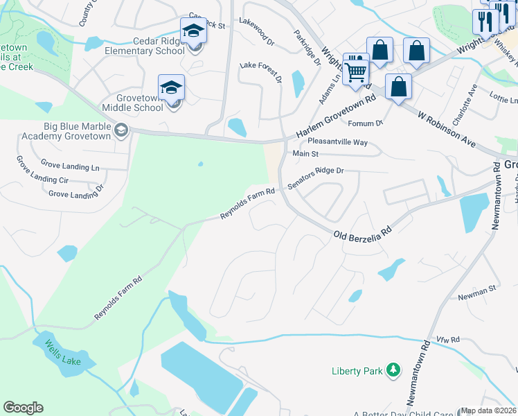map of restaurants, bars, coffee shops, grocery stores, and more near 4049 Corners Way in Grovetown