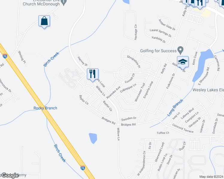 map of restaurants, bars, coffee shops, grocery stores, and more near 1208 Ithaca Drive in McDonough
