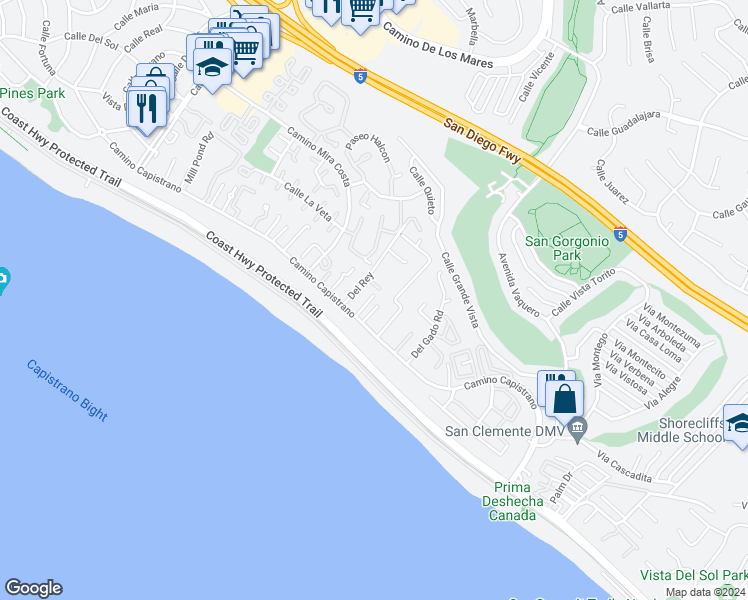 map of restaurants, bars, coffee shops, grocery stores, and more near 27515 Via Valor in Dana Point
