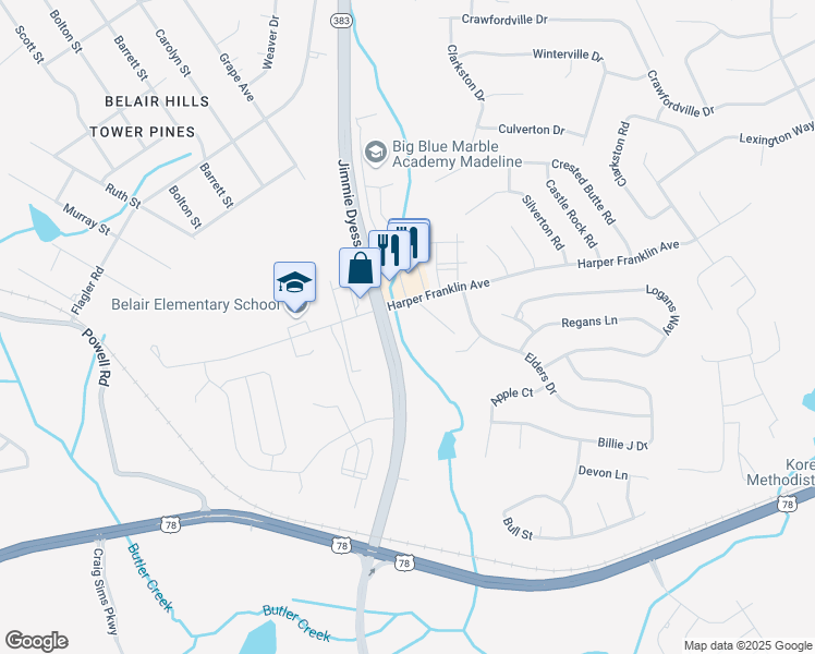 map of restaurants, bars, coffee shops, grocery stores, and more near 3876 Harper Franklin Avenue in Augusta