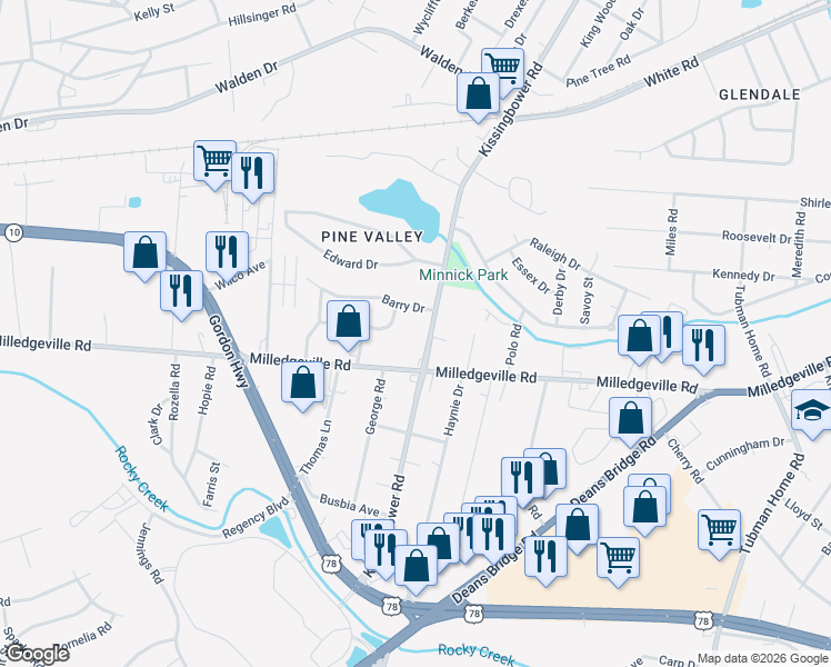 map of restaurants, bars, coffee shops, grocery stores, and more near 1873 Kissingbower Road in Augusta