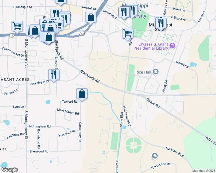 map of restaurants, bars, coffee shops, grocery stores, and more near Blackjack Road in Starkville