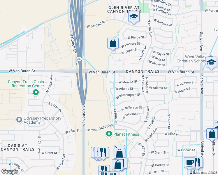 map of restaurants, bars, coffee shops, grocery stores, and more near 16928 West Adams Street in Goodyear