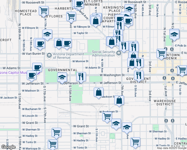 map of restaurants, bars, coffee shops, grocery stores, and more near 1108 West Washington Street in Phoenix