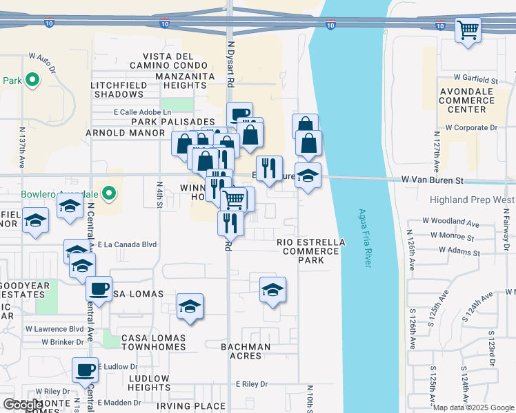 map of restaurants, bars, coffee shops, grocery stores, and more near 1333 North Dysart Road in Avondale