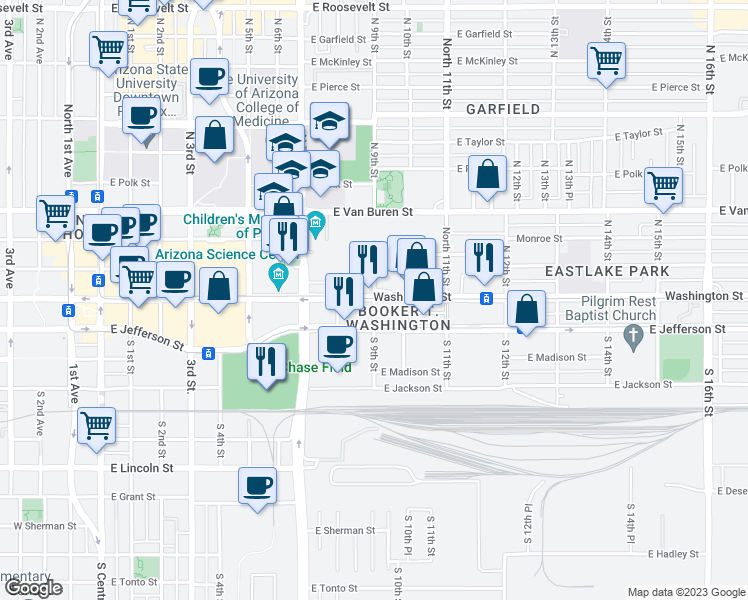 map of restaurants, bars, coffee shops, grocery stores, and more near S 9th St in Phoenix