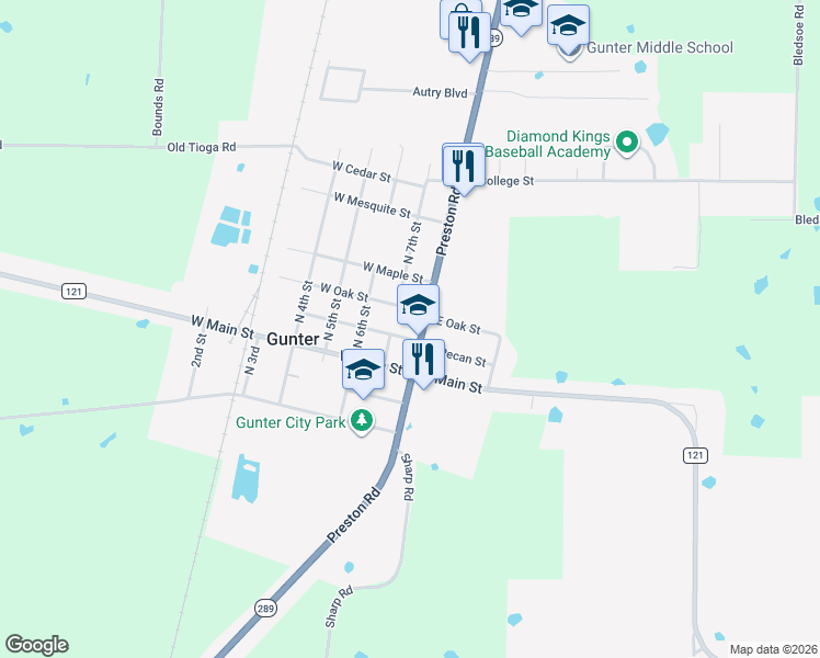 map of restaurants, bars, coffee shops, grocery stores, and more near 213 North 8th Street in Gunter