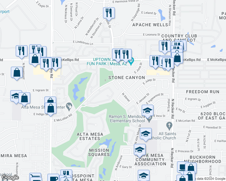 map of restaurants, bars, coffee shops, grocery stores, and more near 1827 North Abner Circle in Mesa