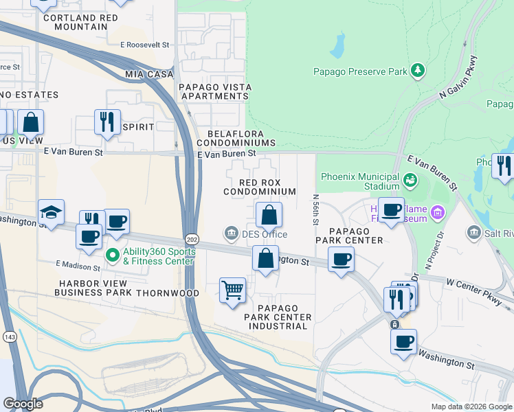 map of restaurants, bars, coffee shops, grocery stores, and more near Unnamed Road in Phoenix