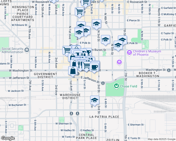 map of restaurants, bars, coffee shops, grocery stores, and more near 1 North 1st Street in Phoenix