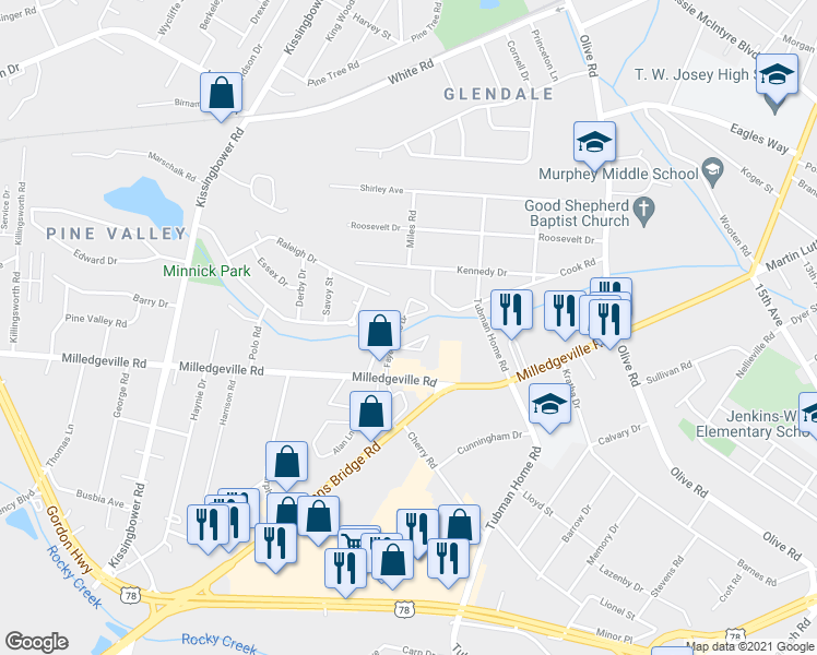 map of restaurants, bars, coffee shops, grocery stores, and more near 2222 Raleigh Drive in Augusta