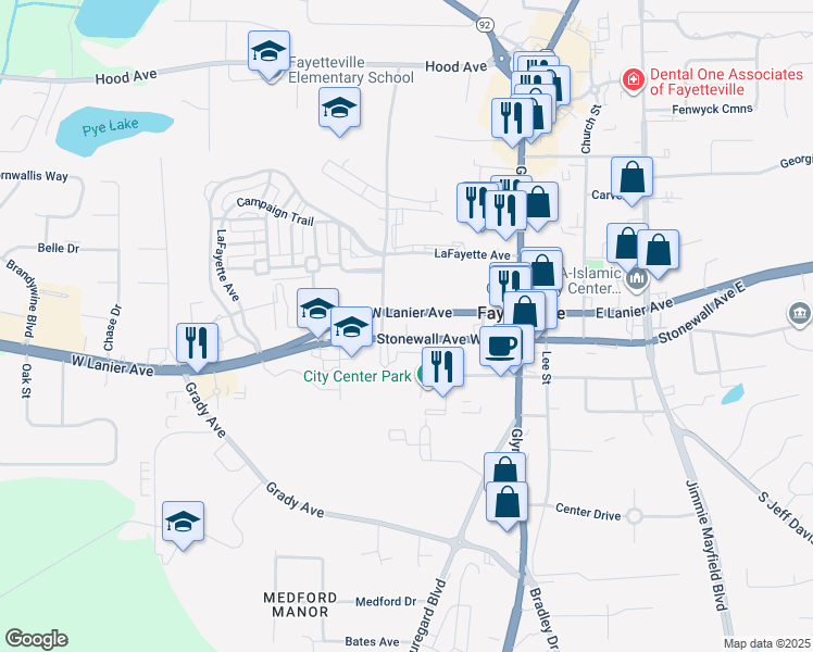 map of restaurants, bars, coffee shops, grocery stores, and more near West Lanier Avenue in Fayetteville