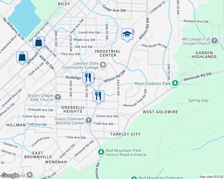 map of restaurants, bars, coffee shops, grocery stores, and more near 3036 33rd Street Southwest in Birmingham