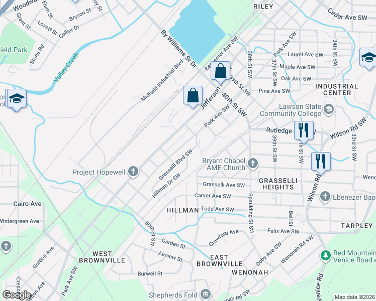 map of restaurants, bars, coffee shops, grocery stores, and more near 4512 Grasselli Boulevard Southwest in Birmingham