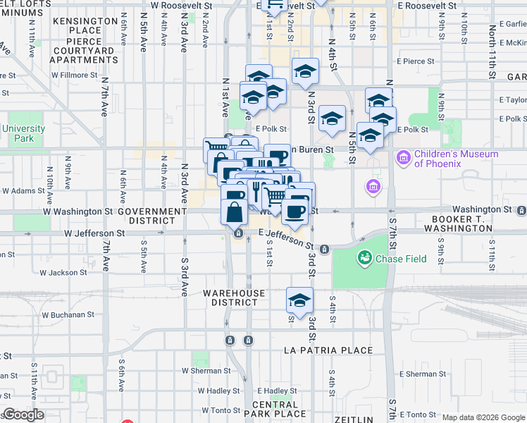 map of restaurants, bars, coffee shops, grocery stores, and more near 70 E Washington St in Phoenix