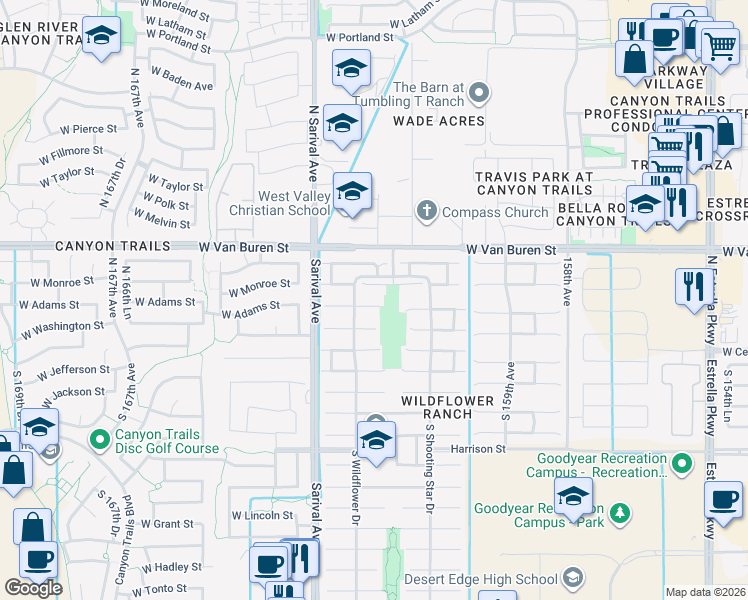 map of restaurants, bars, coffee shops, grocery stores, and more near 16181 West Monroe Street in Goodyear