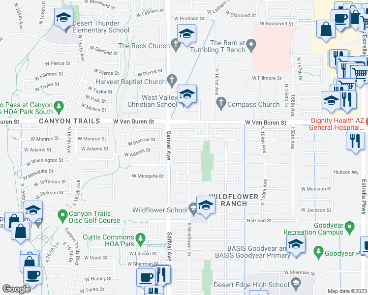 map of restaurants, bars, coffee shops, grocery stores, and more near 16236 West Adams Street in Goodyear