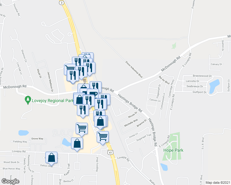 map of restaurants, bars, coffee shops, grocery stores, and more near in Lovejoy