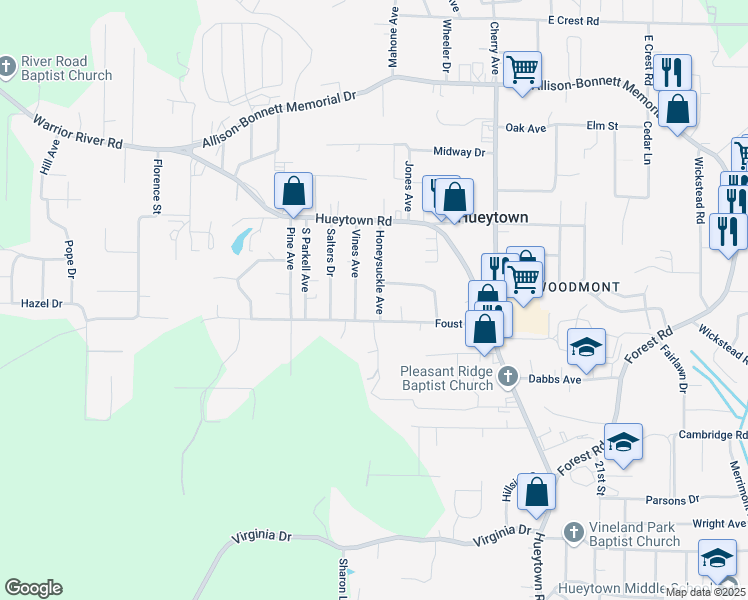map of restaurants, bars, coffee shops, grocery stores, and more near 117 Honeysuckle Avenue in Hueytown