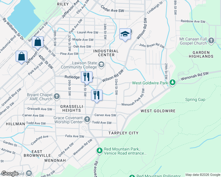 map of restaurants, bars, coffee shops, grocery stores, and more near 3036 33rd Street Southwest in Birmingham