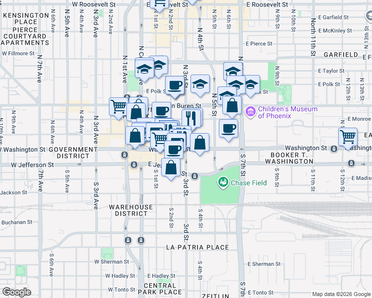 map of restaurants, bars, coffee shops, grocery stores, and more near E Washington St & S 3rd St in Phoenix