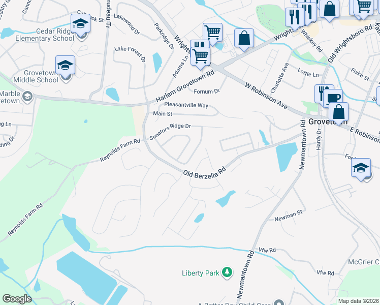 map of restaurants, bars, coffee shops, grocery stores, and more near 6207 Freedom Circle in Grovetown