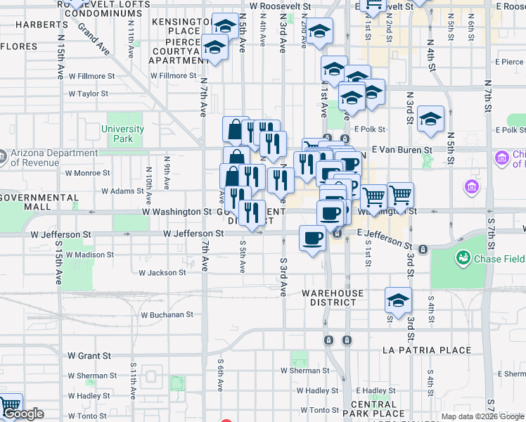 map of restaurants, bars, coffee shops, grocery stores, and more near S 4th Ave & N 4th Ave in Phoenix