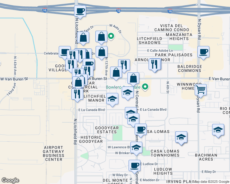 map of restaurants, bars, coffee shops, grocery stores, and more near 1408 North Central Avenue in Avondale