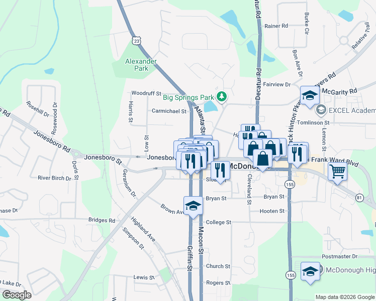 map of restaurants, bars, coffee shops, grocery stores, and more near 9 Atlanta Street in McDonough