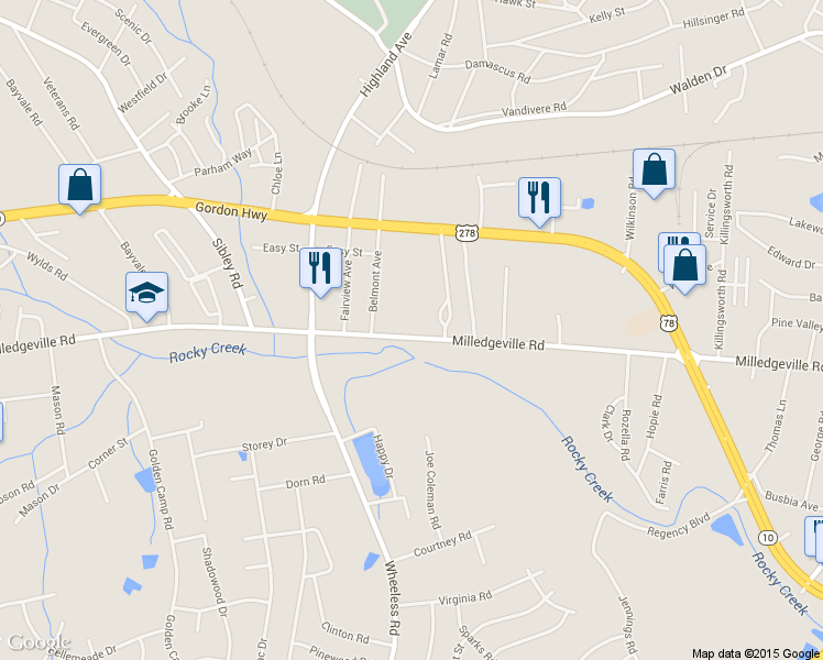 map of restaurants, bars, coffee shops, grocery stores, and more near 3035 Milledgeville Road in Augusta