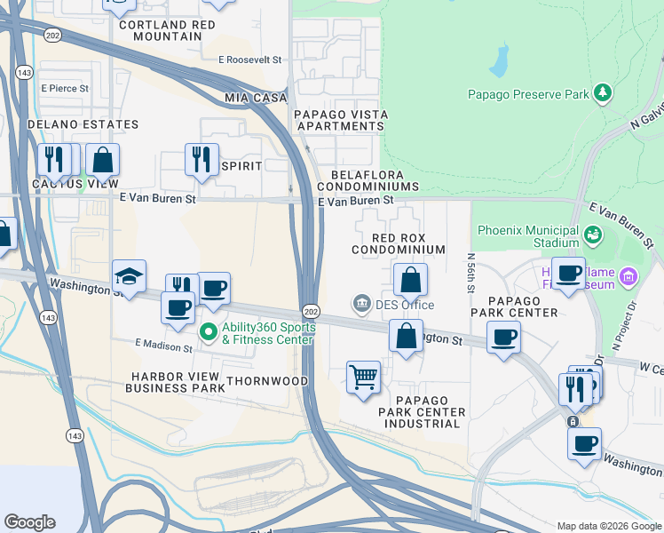 map of restaurants, bars, coffee shops, grocery stores, and more near 5300 East Washington Street in Phoenix