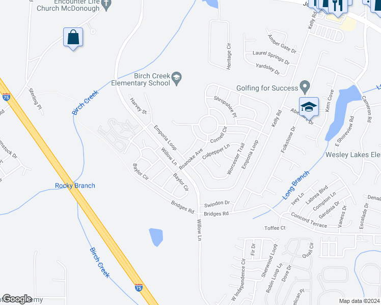 map of restaurants, bars, coffee shops, grocery stores, and more near 1212 Ithaca Drive in McDonough