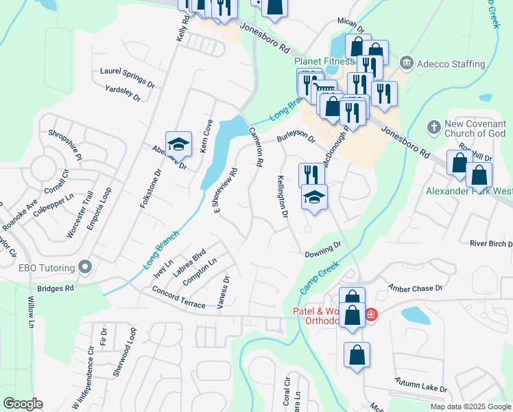 map of restaurants, bars, coffee shops, grocery stores, and more near 223 Cameron Road in McDonough