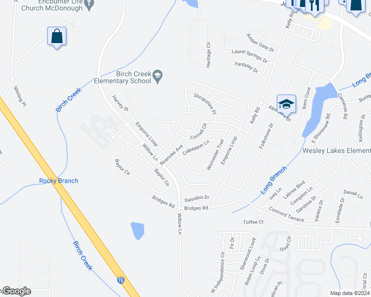 map of restaurants, bars, coffee shops, grocery stores, and more near 1537 Culpepper Lane in McDonough