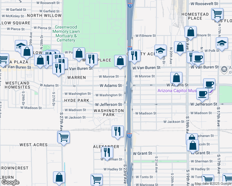map of restaurants, bars, coffee shops, grocery stores, and more near 2326 West Washington Street in Phoenix