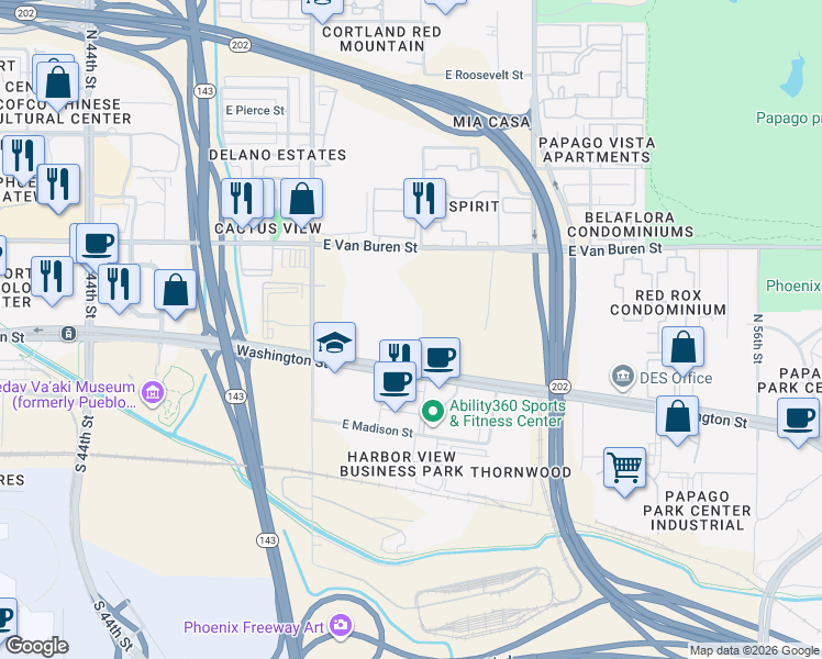 map of restaurants, bars, coffee shops, grocery stores, and more near 4949 East Van Buren Street in Phoenix