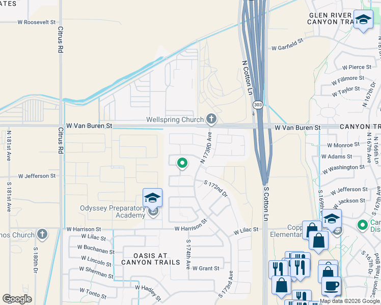 map of restaurants, bars, coffee shops, grocery stores, and more near 17325 West Monroe Street in Goodyear