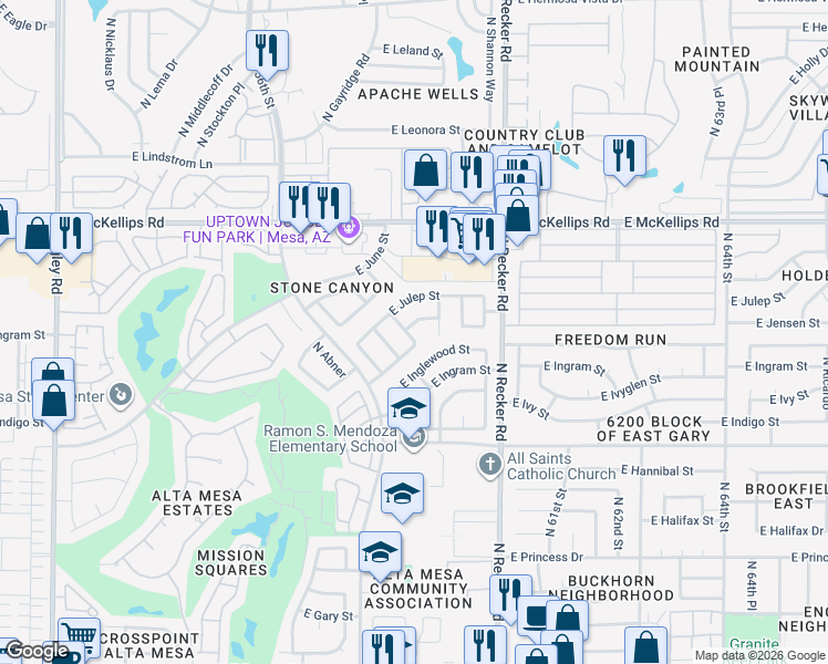 map of restaurants, bars, coffee shops, grocery stores, and more near 5841 East Jasmine Street in Mesa
