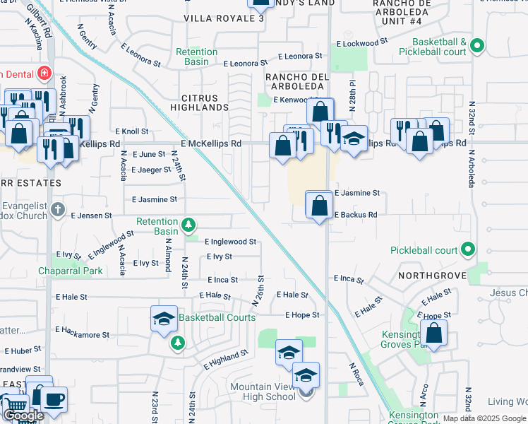 map of restaurants, bars, coffee shops, grocery stores, and more near 2639 East McKellips Road in Mesa