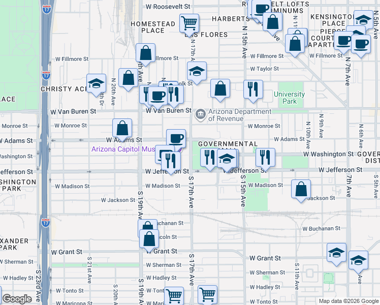 map of restaurants, bars, coffee shops, grocery stores, and more near 1700 West Washington Street in Phoenix