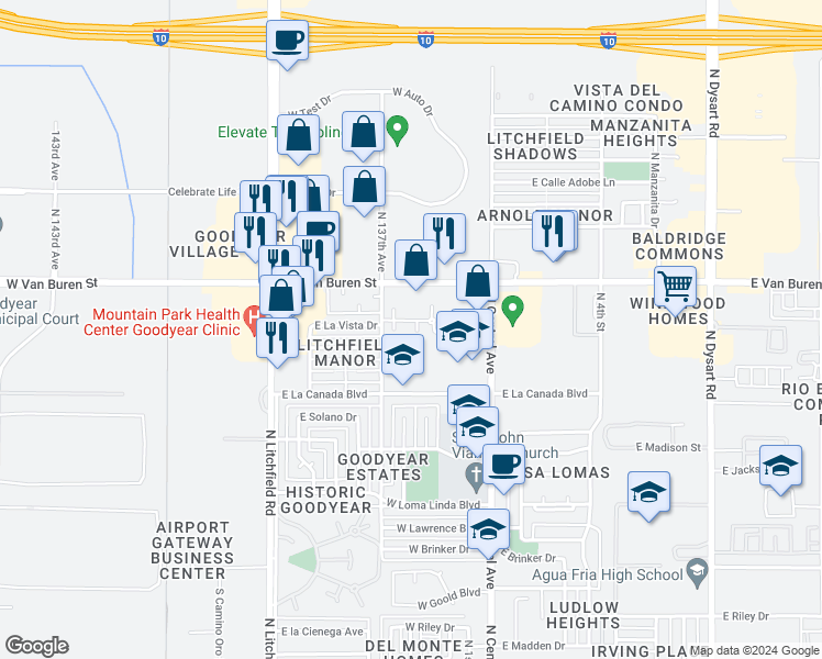 map of restaurants, bars, coffee shops, grocery stores, and more near 1408 North Central Avenue in Avondale