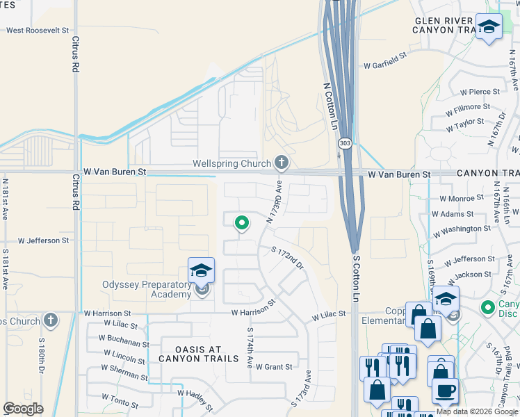 map of restaurants, bars, coffee shops, grocery stores, and more near 17325 West Monroe Street in Goodyear