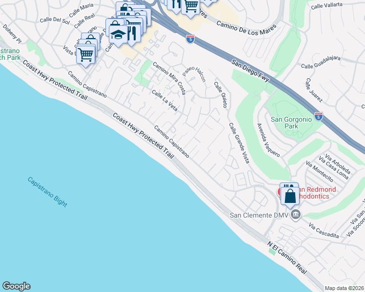 map of restaurants, bars, coffee shops, grocery stores, and more near 27502 Via Saratoga in Dana Point