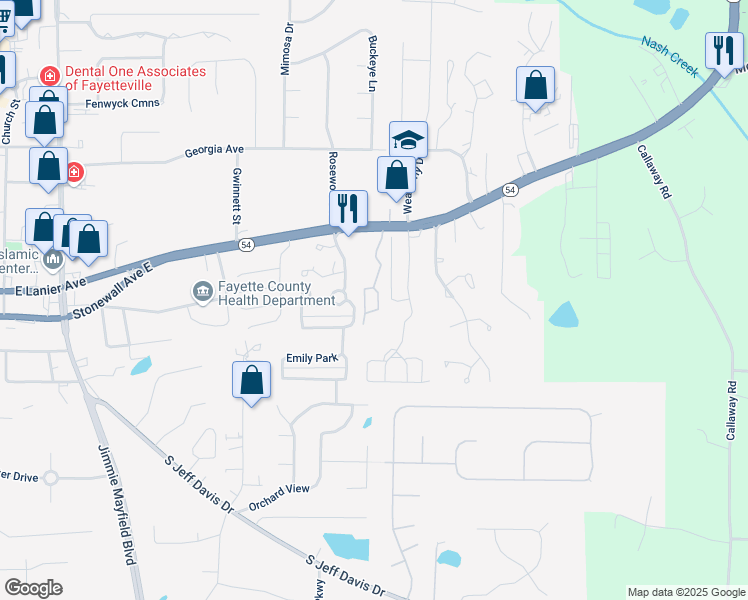map of restaurants, bars, coffee shops, grocery stores, and more near 755 East Lanier Avenue in Fayetteville