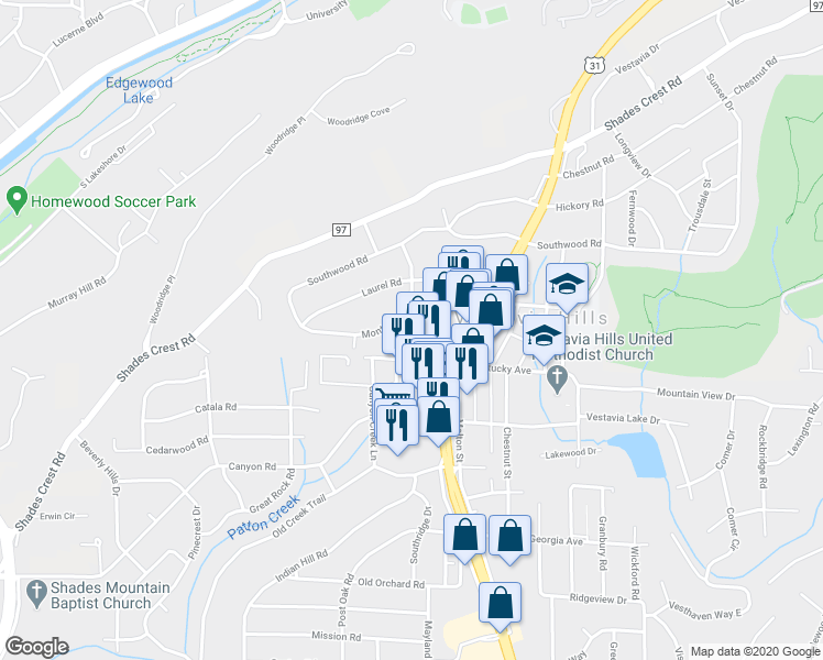 map of restaurants, bars, coffee shops, grocery stores, and more near 1841 Montclaire Drive in Vestavia Hills