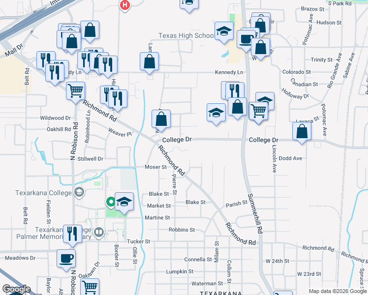 map of restaurants, bars, coffee shops, grocery stores, and more near 1410 Richmond Road in Texarkana