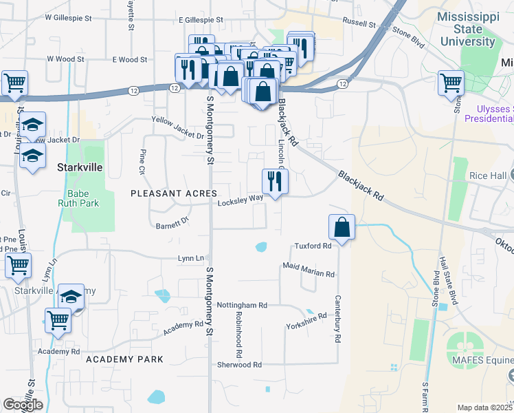 map of restaurants, bars, coffee shops, grocery stores, and more near 112 Lionheart Lane in Starkville