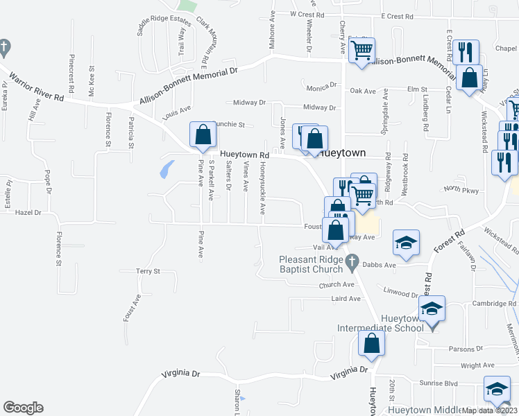 map of restaurants, bars, coffee shops, grocery stores, and more near 121 Honeysuckle Avenue in Hueytown