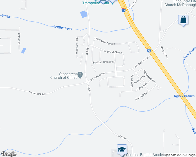 map of restaurants, bars, coffee shops, grocery stores, and more near 1025 Rowanshyre Circle in McDonough